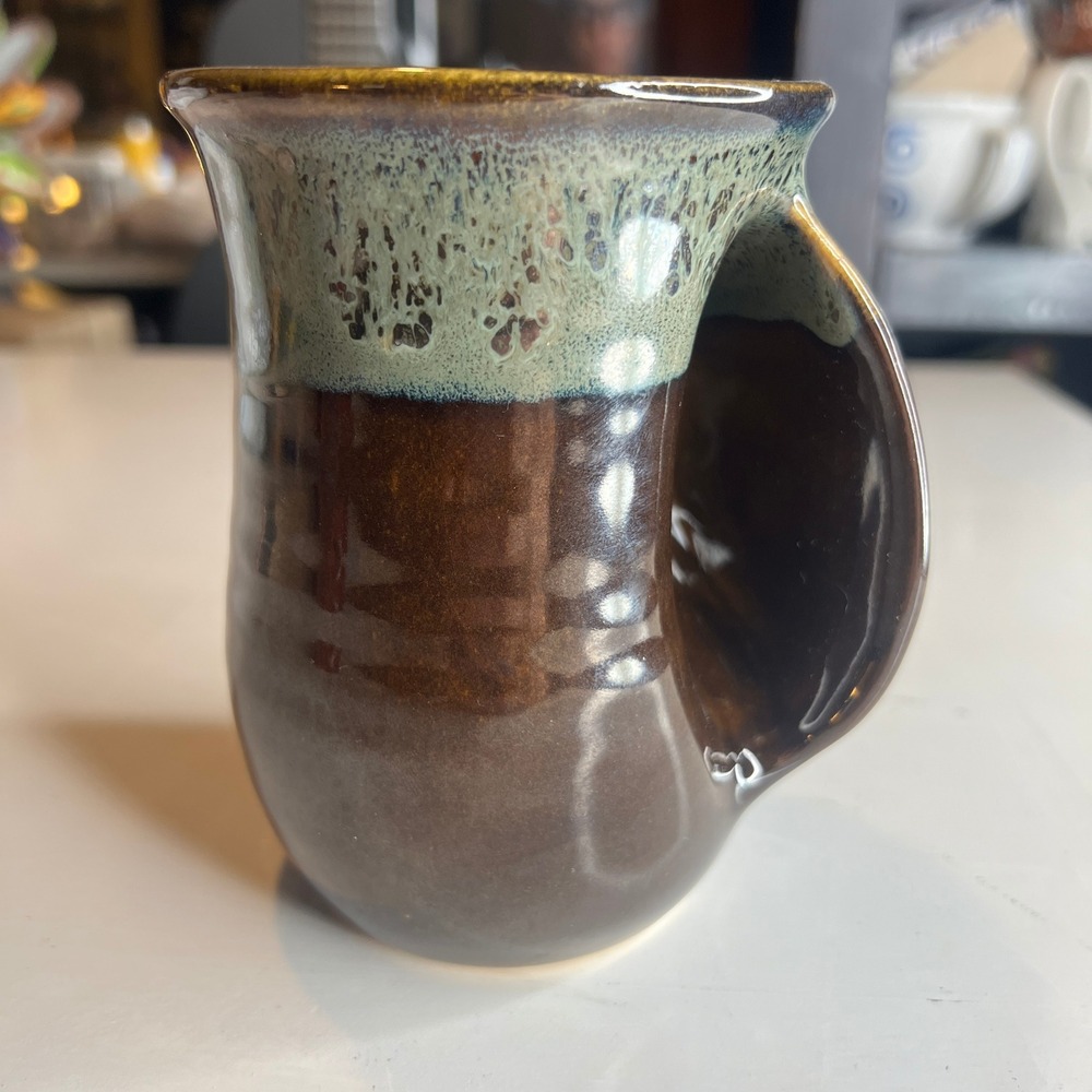 Neher 2015 Studio Pottery Hand Warmer Mug Brown Green Drip Glaze Right Handed